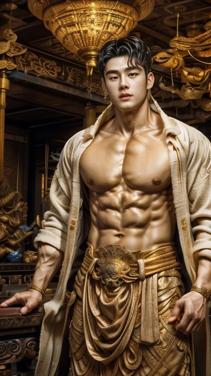 disconsolate，Ambient，artistic conception，large scene，The wind blew up the white curtains，Dattain lamps，Diffuse light，chest muscle，detailed face, Shirtless, stubbles, Sideburns, musculature, Strong handsome korean  guy， a golden statue of handsome men god , multiple hands holding some weapons, , Hanfu，Golden blue、Jing Qing Moqing、jackson wang, Plain cherry blue，Junyi，Dignified atmosphere，Temperament，Short hair, Flat-headed beautiful man，The light is gentle，The scene comes to life