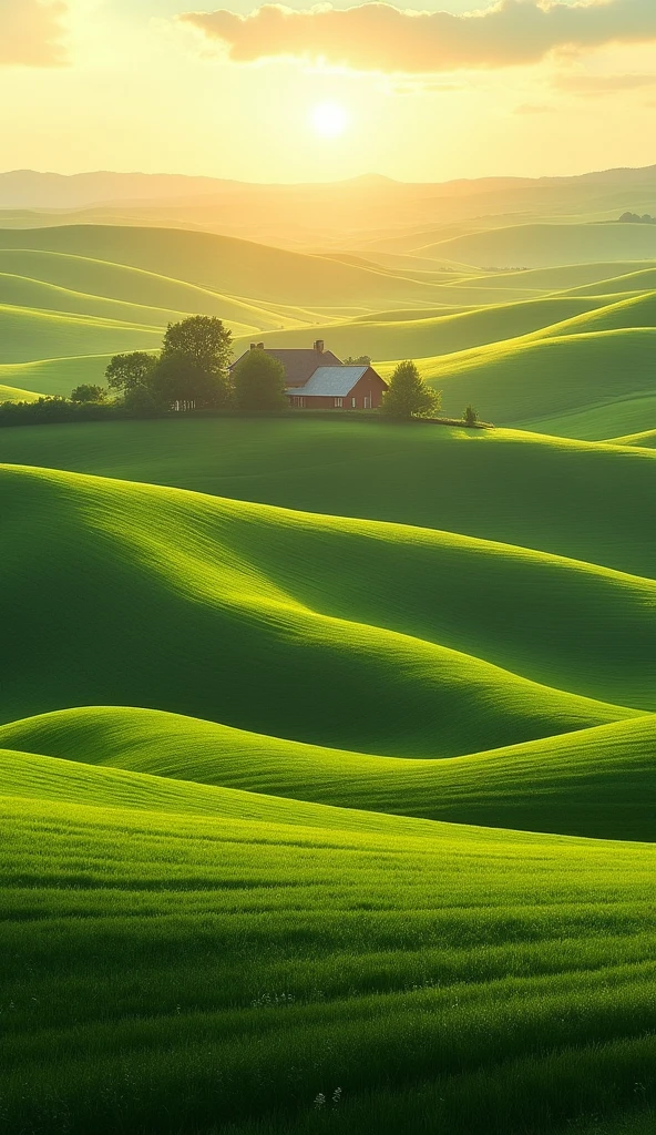 Rolling hills, vibrant green fields, farmhouse, golden light.