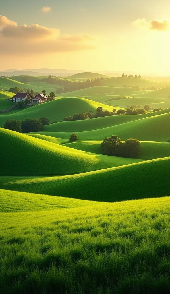Rolling hills, vibrant green fields, farmhouse, golden light.