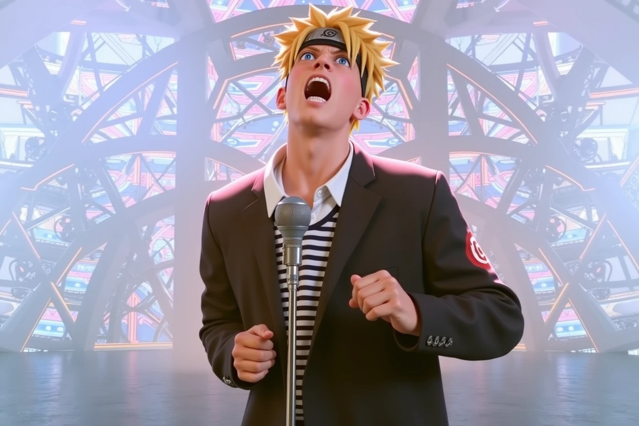 naruto, forehead protector, singing, mic stand, 3d anime style