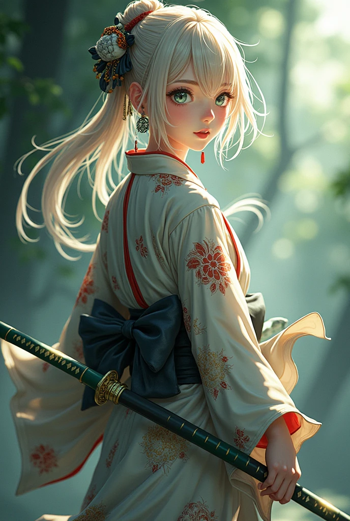 An Assassin with Mina Ashiro style hair with white eyes and Lemon Irvine eye design in a high quality Kimono with a Tsukimichi Tome style, with a green and white katana.