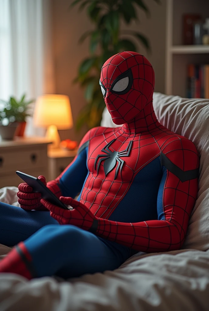 Spiderman in boxers lying on his bed wanting to stop and eat