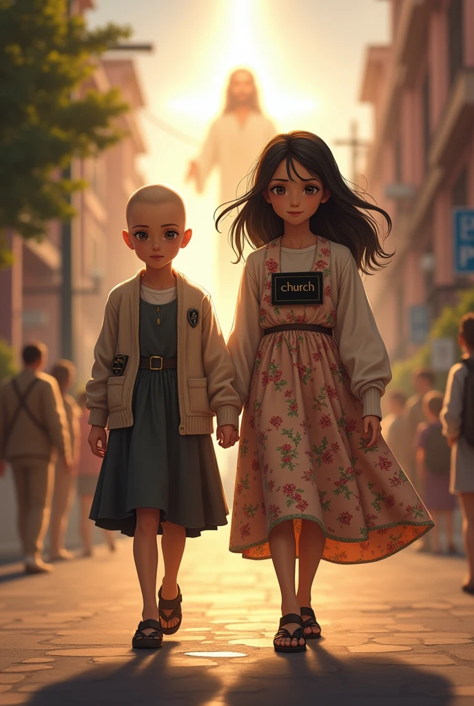 Missionary girls walking down the street and behind them is Jesus Christ lighting. That the girls are just two and without people behind them and that they have different styles, one of them is bald with an elegant dress with a big sweater and that she has a black badge on her side.. The other one should have black hair, also with a flowery dress, and also have a black plaque on her chest that says church.