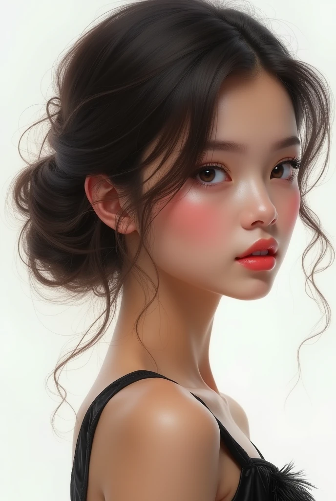 Masterpiece, Best Quality, 1girls, profile, ponytail, updo hair, nape of neck, pink lips, slightly upturned nose, long eyelashes, realistic skin texture, attractive face, blurred, white background
