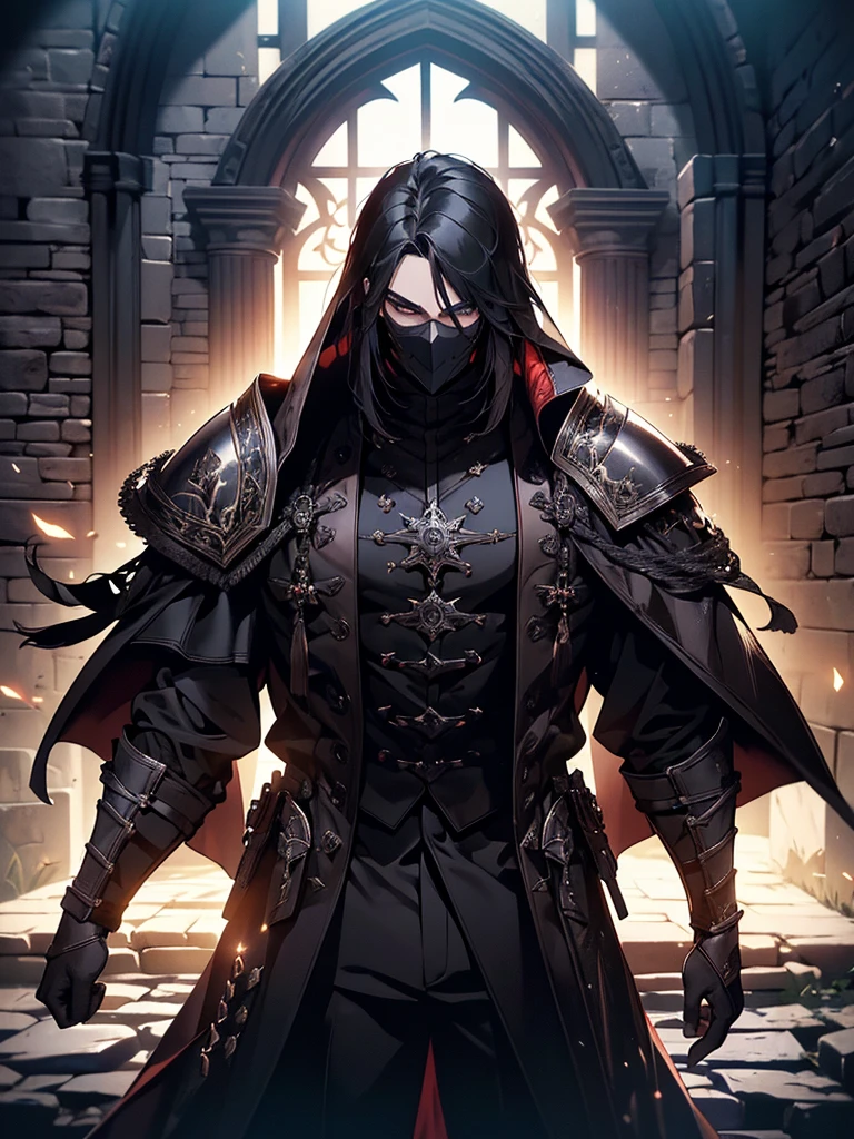 (masterpiece, high quality, cinematic lighting, backlighting, sharp colors)
Tall muscular young man, black hair, dark eyes, compact muscles. Face hidden by a full iron mask, expressionless. Wears medieval robe, leather shirt and pants, armor plates on vital areas. Dark crime scene background, shadowy atmosphere.