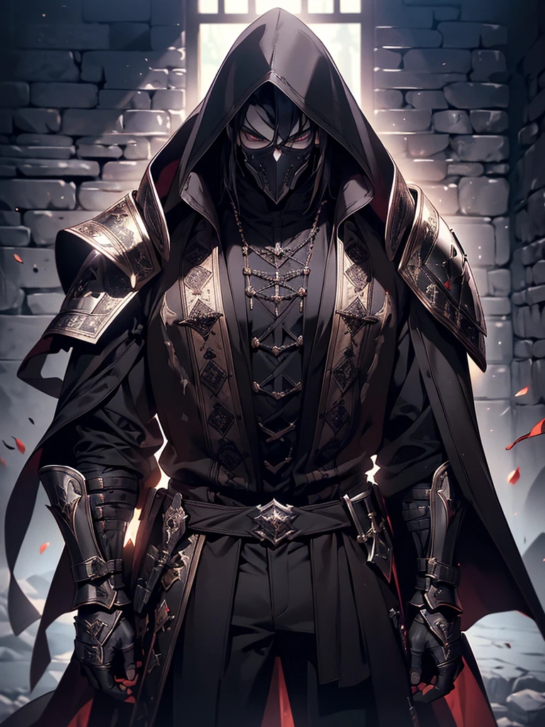 (masterpiece, high quality, cinematic lighting, backlighting, sharp colors)
Tall muscular young man, black hair, dark eyes, compact muscles. Face hidden by a full iron mask, expressionless. Wears medieval robe, leather shirt and pants, armor plates on vital areas. Dark crime scene background, shadowy atmosphere.