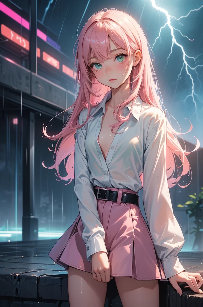 best quality, ultra-detailed, best illustration, masterpiece, high res (1girl:1.3), ((solo)), (perfect ???????) (perfect face), (young girl (10 years old), fair skin, pink hair (shoulder length), green eyes, (((cowgirl outfit))), (((white shirt))), jean skintight black mini shorts, happy, blushing, (((flat chest))), in a futuristic setting with a green light, annoyed, cyberpunk, (drinking water), best anime 4k, cybersuits, in her school, ((during a storm))), (at night), (((wet))), ((rain)), (night), ((((alone)))), from behind