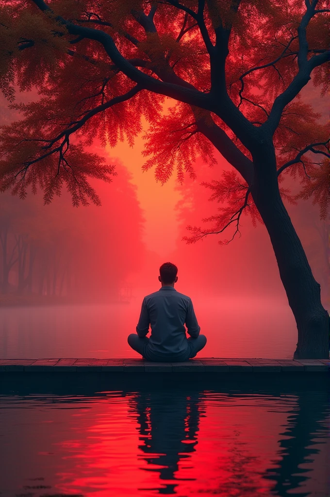 Create an image in which a man is sitting on a platform under a tree next to a river and the color in front of him and the color behind him is red and only his back side is visible.
