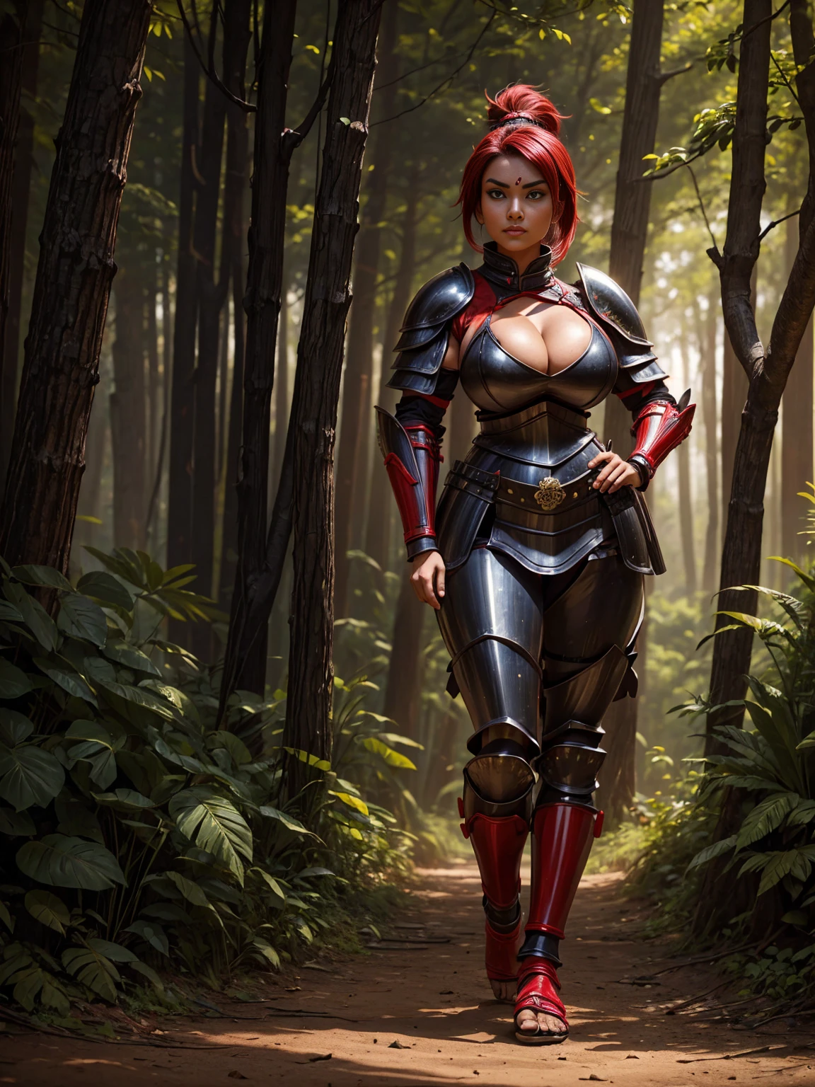 ((Kunoichi)), Indian, Indian Woman, big breasts, forest, (( sensual pose)), red and black armour, (( full body armour)),(( Knight Armour)), ((big cleavage and big breasts))
