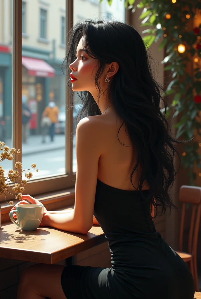 A beautiful girl with black hair and big breasts, sitting on a chair at a coffee shop looking out the window