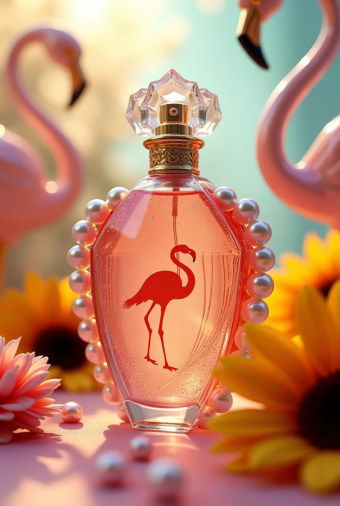 Perfume con frasco de flamenco con perlas alrededor del frasco elegant y de lujo , unique with fruity and sweet notes, flamingo with sunflower flowers, bottle with unique design , elegant, luxurious and eye-catching