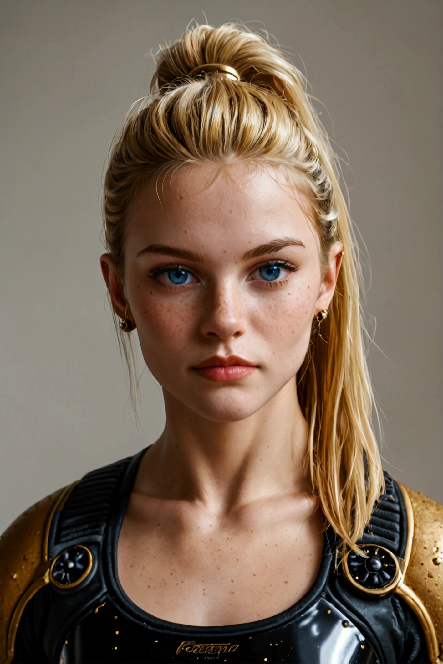 a young blonde girl in a black with gold accent space suit, seductive pose, beautiful detailed face, piercing blue eyes, light freckles, detailed muscular body, ponytail hairstyle, no background,