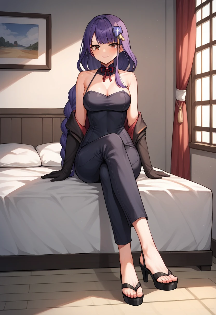 score_9, score_8_up, score_7_up, score_6_up, score_5_up, score_4_up, source_anime, 1girl,lora:raidenshogun1-000009:1>, raidenshogundef, upper body, sexy smile, bed, purple hair, hairpins, brown eyes, long hair, leater jacket, black dress, pants, black high heels, sandals, crossed legs, leather gloves, room, best quality, best res, 4K UHD,