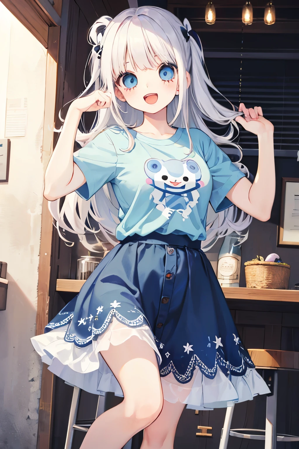 ((cute,kawaii)),(A big smile with an open mouth),(White hair),(LightBlue eyes:1.25),(short sleeve lacedress:1.2),(long hem skirt:1.1).