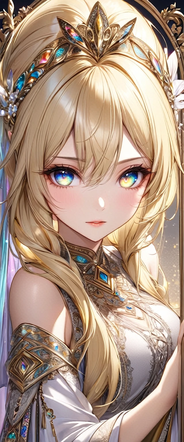 best quality, super fine, 16k, incredibly absurdres, extremely detailed, delicate and dynamic, cool and beautiful pretty elf woman, blonde half-up hairstyle, blonde princess cut hairstyle, blonde hime-cut hairstyle, captivating look, aroused expression, tall and stylish, Arabian style outfit, wonderful effects that highlight the subject, gorgeously decorated frame, gorgeously decorated picture frame, transparent translucent glowing iridescent eyes
