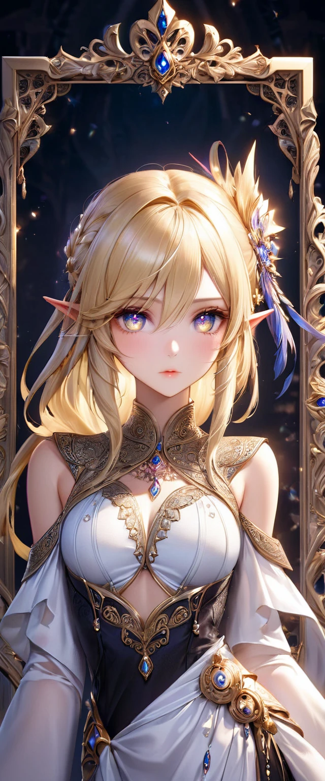 best quality, super fine, 16k, incredibly absurdres, extremely detailed, delicate and dynamic, cool and beautiful pretty elf woman, blonde half-up hairstyle, blonde princess cut hairstyle, blonde hime-cut hairstyle, captivating look, aroused expression, tall and stylish, Arabian style outfit, wonderful effects that highlight the subject, gorgeously decorated frame, gorgeously decorated picture frame, transparent translucent glowing iridescent eyes