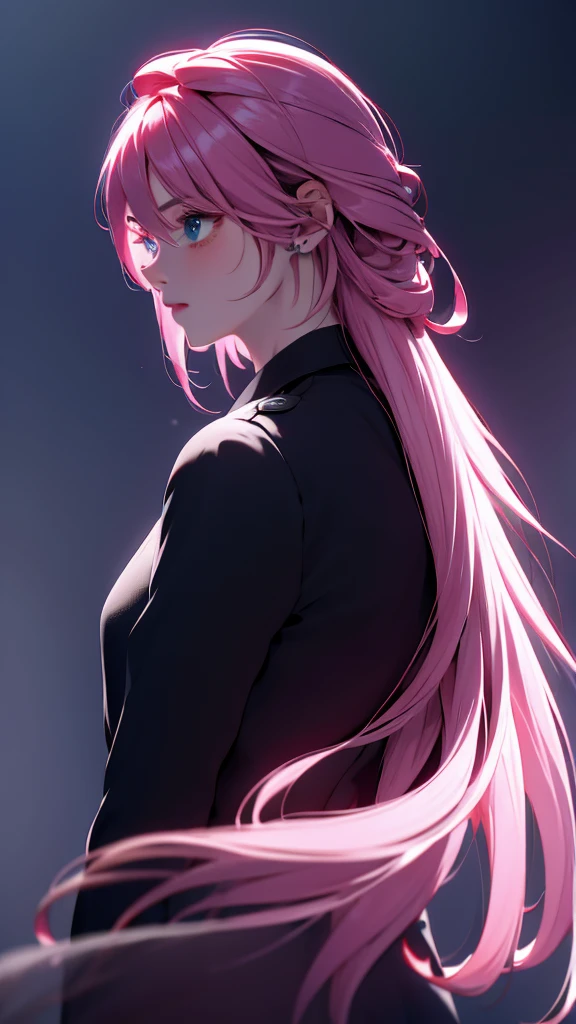 1 boy, medium light pink hair, light blue eyes, wearing black suit 4D, night city, absurdres, high res, ultrasharp, 8K, masterpiece, looking from behind