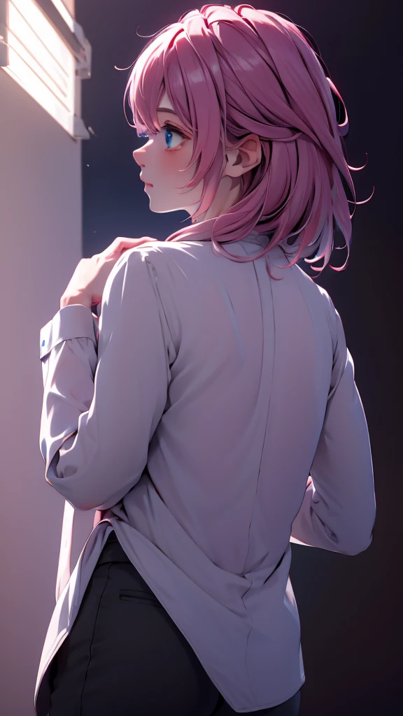 1 boy, medium light pink hair, light blue eyes, wearing black suit 4D, night city, absurdres, high res, ultrasharp, 8K, masterpiece, looking from behind