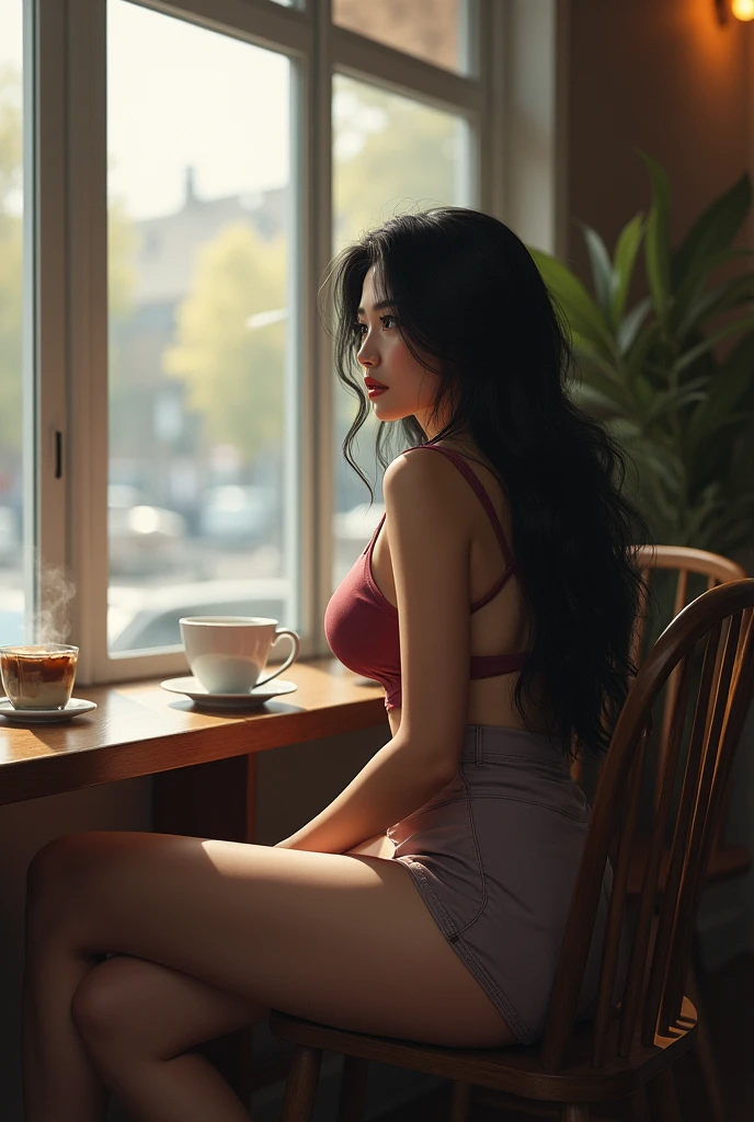 A beautiful girl with black hair and big breasts, sitting on a chair at a coffee shop looking out the window