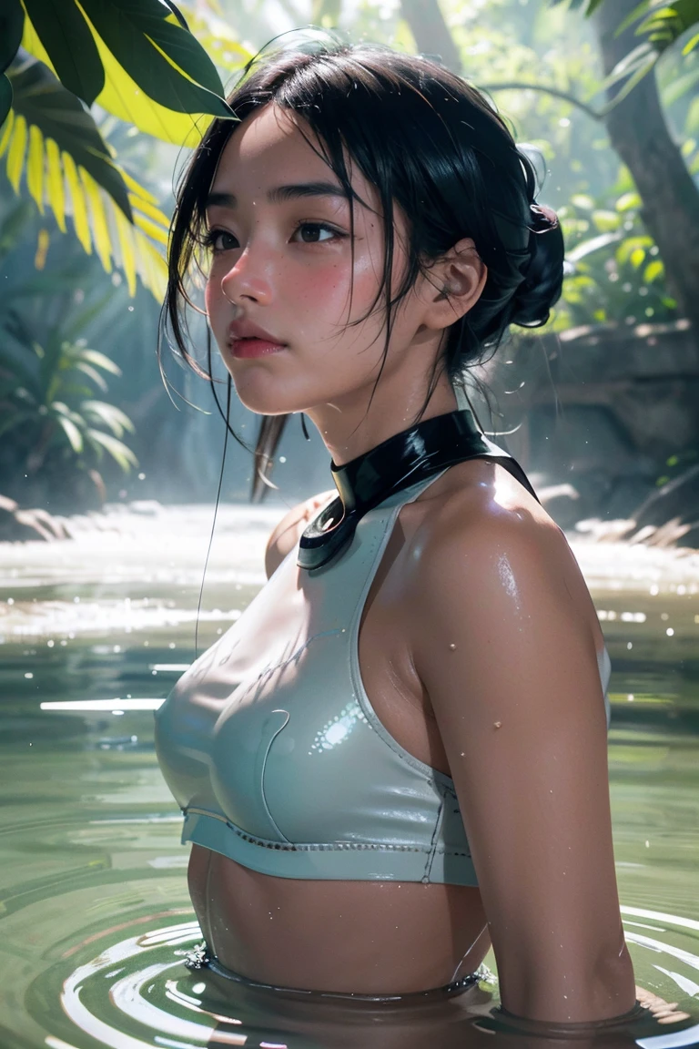 maozonia indigenous girl, 18 years old, bathing in a river, in the middle of the forest, a jaguar watching from afar, sad, Clockpunk, Gamercore, street level view, Blender rendering, 100mm, Sculpture, iridescent colors, Medicalcore, strobe lighting, ultra realistic, photorealistic, octane render, unreal engine, hyper detailed, volumetric lighting, hdr, octane render, fantasy 4k 8K