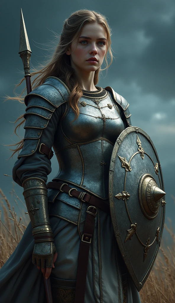 (Highest quality, HDR, 8k, High resolution, Ultra detailed, Masterpiece:1.2), Photo realistic, Beautiful spartiate girl, She holds a silver shield on her right arm and a spear in her left hand, Night sky, Strong wind