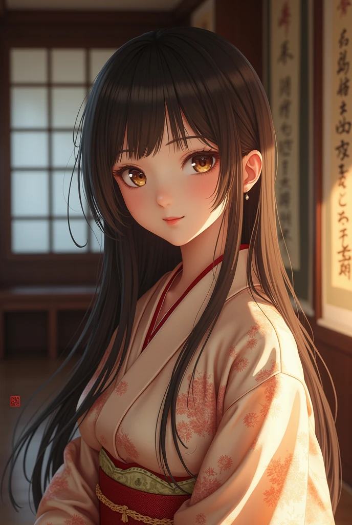 Highest quality, Face Focus, (Depth of written boundary) ,Ultra-high resolution, (Realistic:1.4), RAW Photos, Japanese-style room, alcove, Hanging scrolls
(Portraiture:1.4)
1 Japanese girl, alone, cute, smile, (Brown eyes), Natural Face, (Midi Hair), 
(kimono:1.5)
