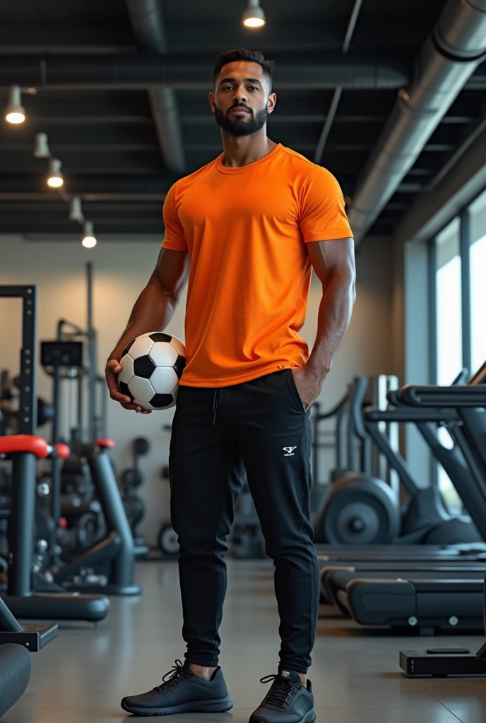 a man wearing black pants and orange shirt with a black short beard, standing in front of fitness equipment inside a shop, looking ahead, holding a soccer ball, photorealistic, dynamic lighting, highly detailed, 8k, best quality