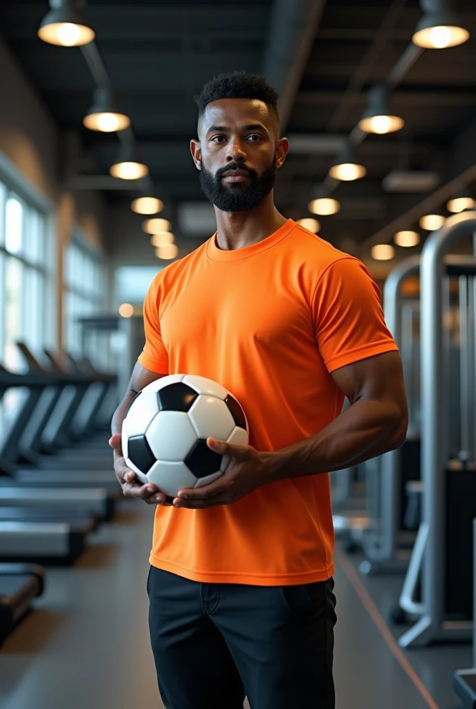 a man wearing black pants and orange shirt with a black short beard, standing in front of fitness equipment inside a shop, looking ahead, holding a soccer ball, photorealistic, dynamic lighting, highly detailed, 8k, best quality