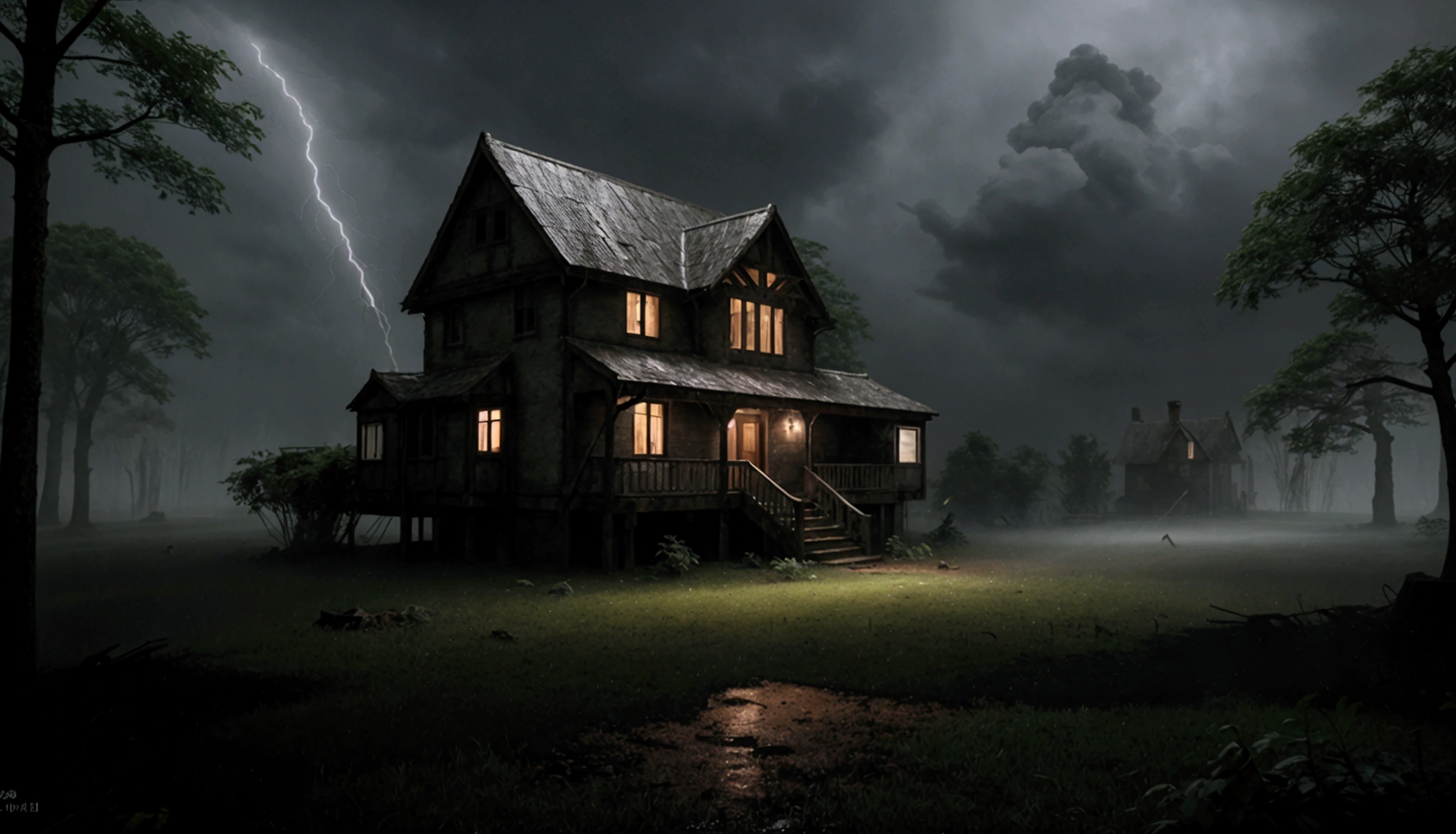On a stormy night, a torrential downpour engulfs an old, isolated house nestled deep within a shadowy forest. The rain cascades heavily from the darkened sky, drumming relentlessly against the roof and windows, creating a rhythmic symphony that drowns out all other sounds. The house, weathered and forlorn, stands illuminated only by the sporadic flashes of lightning that briefly reveal its crumbling facade and overgrown surroundings. Inside, the dim glow of a single candle flickers on a dusty table, casting eerie, dancing shadows across the walls. Outside, the dense forest is obscured by sheets of rain and swirling mist, adding to the sense of isolation and mystery. The night is alive with the sounds of the storm, and the house seems to hold its breath, waiting for the tempest to pass.