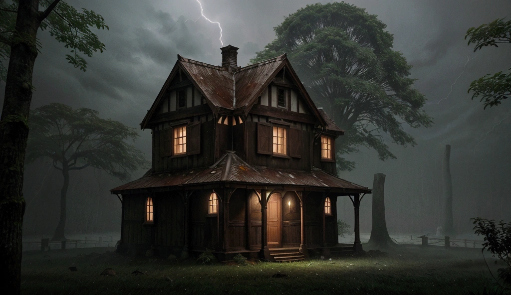On a stormy night, a torrential downpour engulfs an old, isolated house nestled deep within a shadowy forest. The rain cascades heavily from the darkened sky, drumming relentlessly against the roof and windows, creating a rhythmic symphony that drowns out all other sounds. The house, weathered and forlorn, stands illuminated only by the sporadic flashes of lightning that briefly reveal its crumbling facade and overgrown surroundings. Inside, the dim glow of a single candle flickers on a dusty table, casting eerie, dancing shadows across the walls. Outside, the dense forest is obscured by sheets of rain and swirling mist, adding to the sense of isolation and mystery. The night is alive with the sounds of the storm, and the house seems to hold its breath, waiting for the tempest to pass.