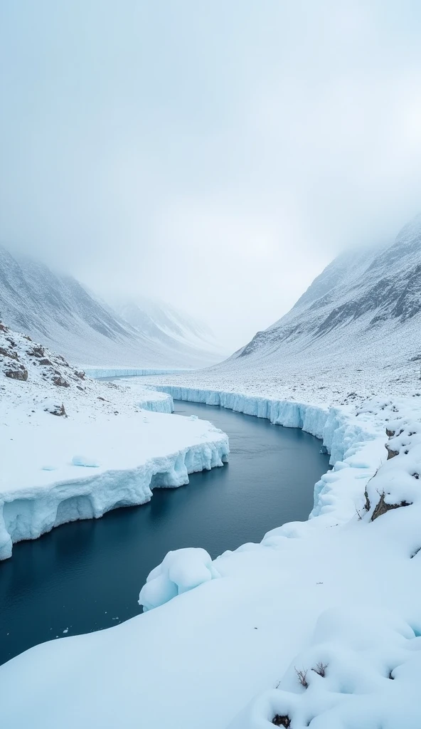 Snowy tundra, icy mountains, frozen lake, cold palette.
