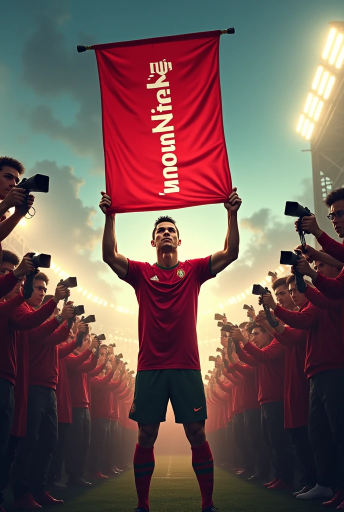 Create a banner of Cristiano Ronaldo holding a flag with the words futmomentos written on it, with photographers 