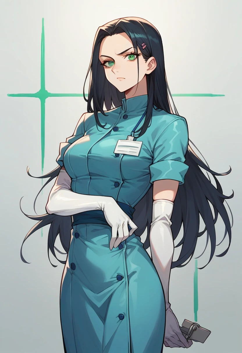 1girl, black long hair, green eyes, ((white elbow gloves)), ((surgical gloves)), ((latex gloves)), ((long sleeves)) ((blue surgeon outfit)), (doctor coat), looking at viewer with a serious face, ((surgeon girl)), standing, solo