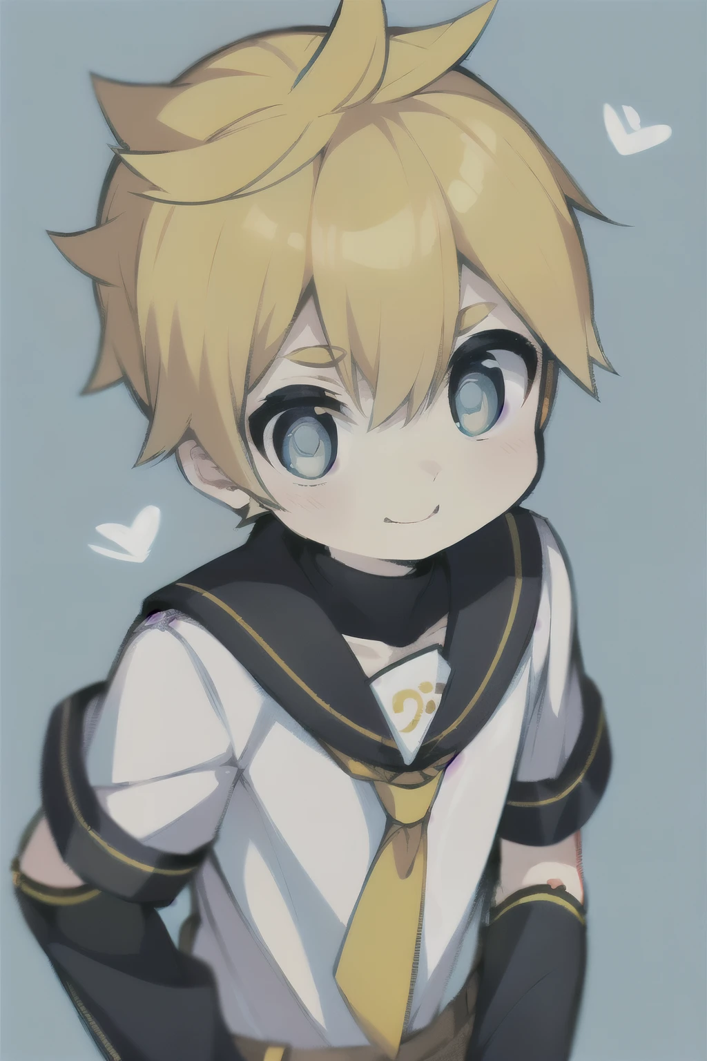 Highest quality, (high quality),eye highlights,arms are thin, thin body,face,from front,salute,(portrait),((very short hair)),look at viewer,with heart-shaped pupils,droopy eyes,very happy smile,Pouting mouth,open your mouth and laugh,(((chilled boy))), (1 boy),yellow hair, spiked_hair,((very very short hair)), black_sailor_collar,light Blue background , arm_warmers, white_shirt, necktie, yellow_necktie, sailor_collar, male_focus, short_sleeve,illustration,anime style,