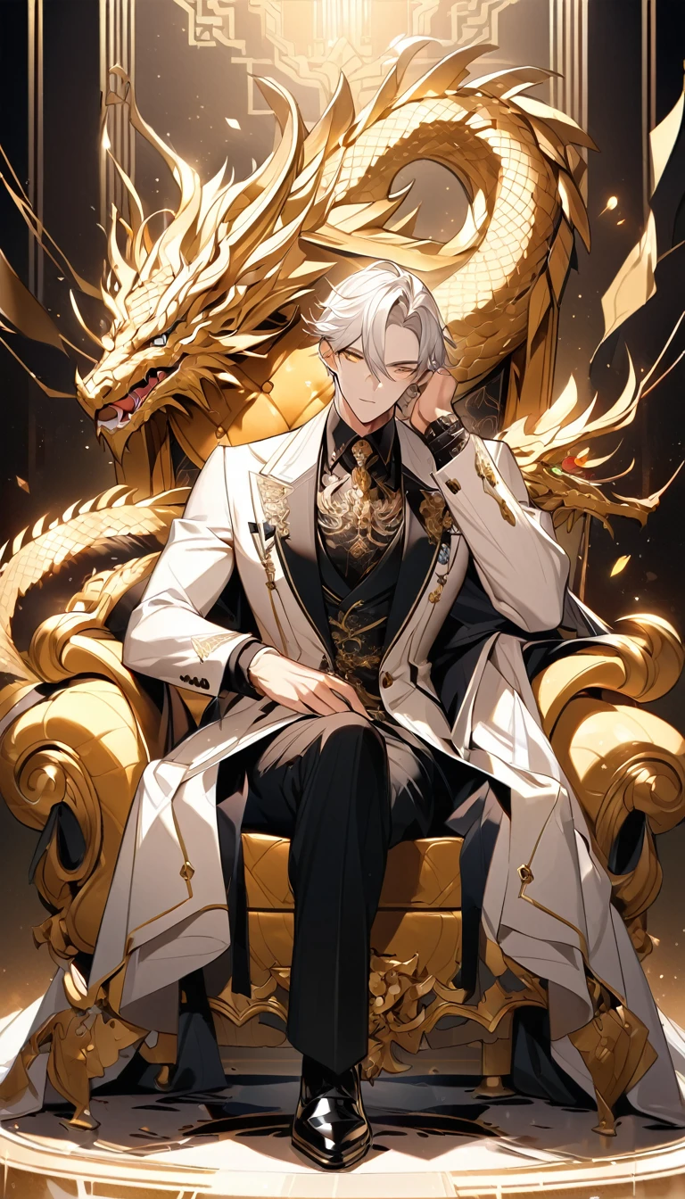 A handsome man, sitting alone, with long white hair, yellow eyes, and a cold, majestic face. He is wearing a black shirt, a black and white suit, and black dress shoes. He is seated on a golden chair adorned with extremely beautiful and majestic dragon-engraved details. The image should depict a perfectly detailed, full-body figure in 8K resolution, ultra-high definition.