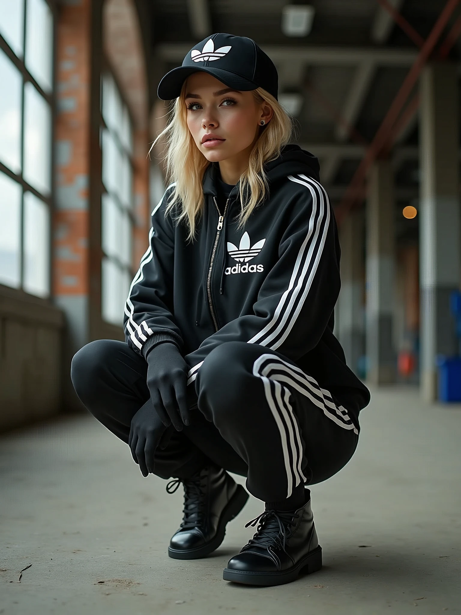 a woman in a black adidas tracksuit crouching down, ava max, images on the sales website, slavic style, modeling photography, man in adidas tracksuit, photorealistc, hats, emote, russian clothes, app