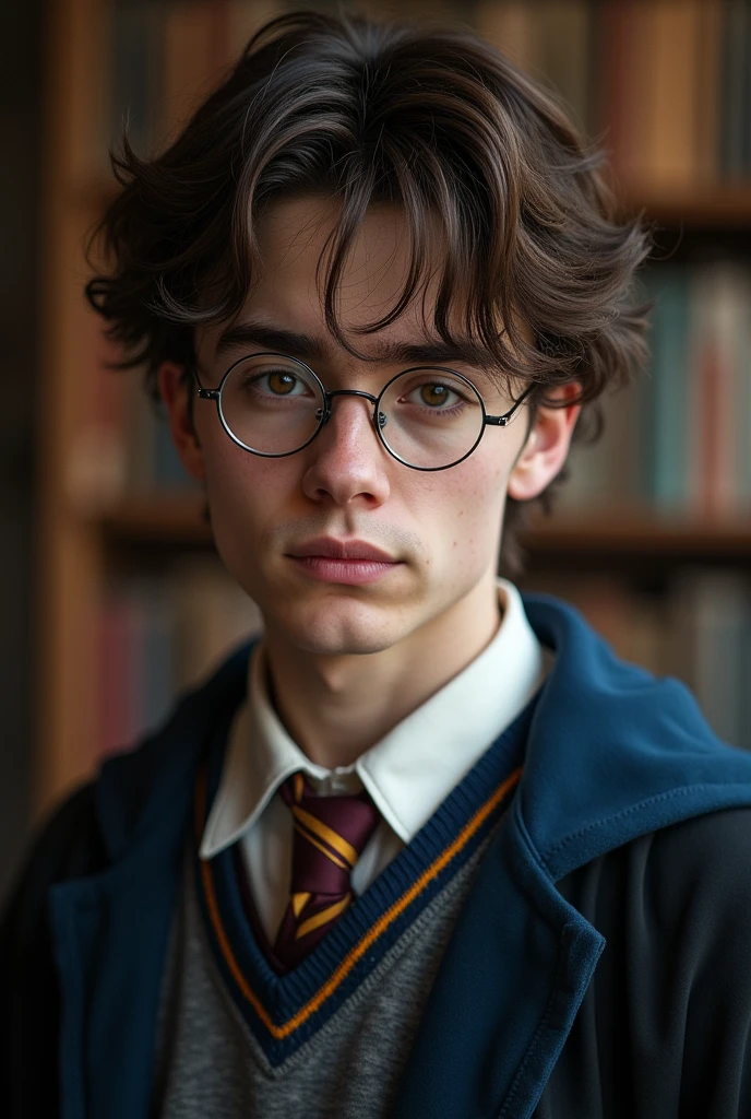 (photorealism:1.2), hogwarts ravenclaw older male student, caucasian race, wearing rectangular glasses, brown wavy curtain hairstyle, brown eyes