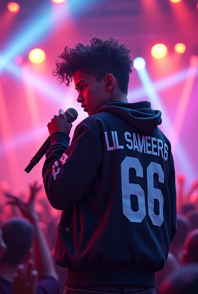 One boy singing rapp concert
Back jacket name lil_sameer56
Mike hand