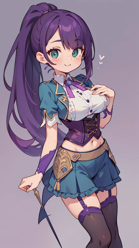 A girl with purple hair, long hair, high ponytail, long ponytail, bangs, bangs covering one eye, green eyes, navel, corset, briefs, breast pads, stockings, purple stockings, Hairpin, evil charm, smile, good figure, long hair, fair skin, smooth skin, clear pupils, beauty, high quality, HD quality, masterpiece, perfect composition, suitable color matching, (correct proportion of facial features), (exquisitely carved face), , gentleness, cute, gentle,devil
