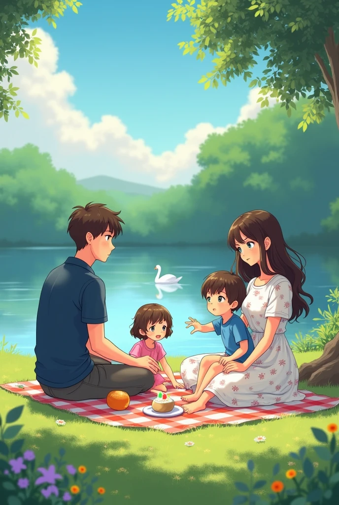 An anime picture of A family of four is enjoying a picturesque picnic by a tranquil lake. The man, with light blue eyes and brown hair, is dressed in a dark blue polo shirt, and he sits relaxed on the blanket, savoring the moment. Beside him, the woman, with long dark brown wavy hair and brown eyes, wears a white dress adorned with a delicate floral print and puff sleeves. Their son, in a vibrant blue t-shirt, is playfully exploring nearby, while their daughter, in a charming pink frock, is seated with her mother, eagerly helping with the picnic. A swan drifts gracefully on the lake, adding to the idyllic scene.