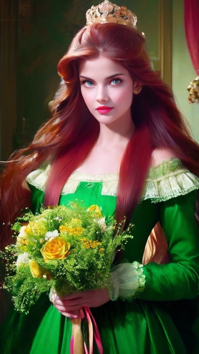 a beautiful woman with caramel-colored hair, long straight hair, flowing hair, light green eyes, pure and vivid, fleshy and pink mouth, fair and classic skin, woman of extreme beauty, a perfect goddess, commoner clothing style of the Victorian era, holding a bouquet of colorful flowers, in the background French colony of the Victorian era, wallpaper 4k, 32k Ultra, Ultra Hd, cinematic lighting, movie poster, Top Quality、超High Resolution A