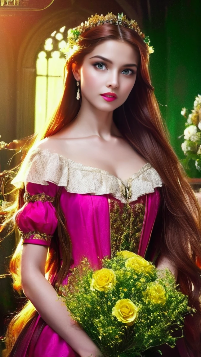 a beautiful woman with caramel-colored hair, long straight hair, flowing hair, light green eyes, pure and vivid, fleshy and pink mouth, fair and classic skin, woman of extreme beauty, a perfect goddess, commoner clothing style of the Victorian era, holding a bouquet of colorful flowers, in the background French colony of the Victorian era, wallpaper 4k, 32k Ultra, Ultra Hd, cinematic lighting, movie poster, Top Quality、超High Resolution A