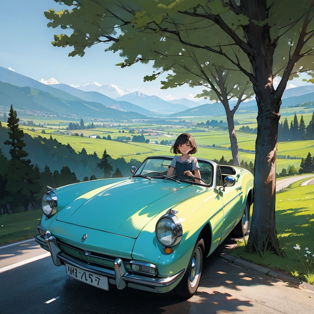 Landscape, road, mountains, vintage car, with girl in the car, few trees, romance, music
