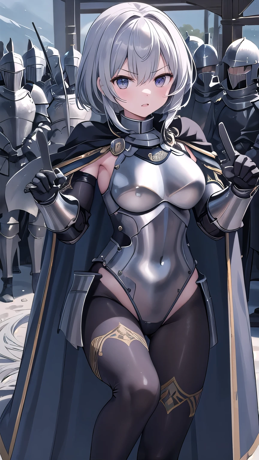 Female General、female knight、Armpit、leotard、High leg、Shiny steel armor、Sword in hand、Accompanied by knights、Cape、Serious expression、Open your mouth wide、Riding a horse、A large number of soldiers、battlefield