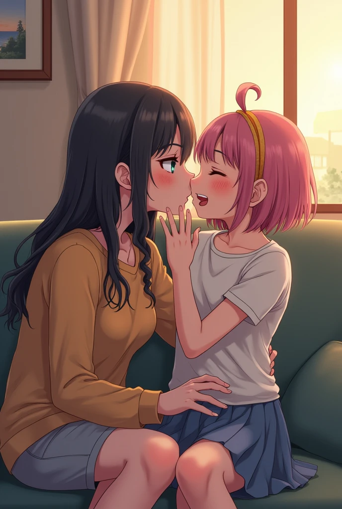 Anime, mother x daughter, kissing with lips and tongue and sharing saliva, age-gap, 14-year old lolli girl x adult woman, daughter sitting on mother’s lap, living room couch, aggressive mouth movements