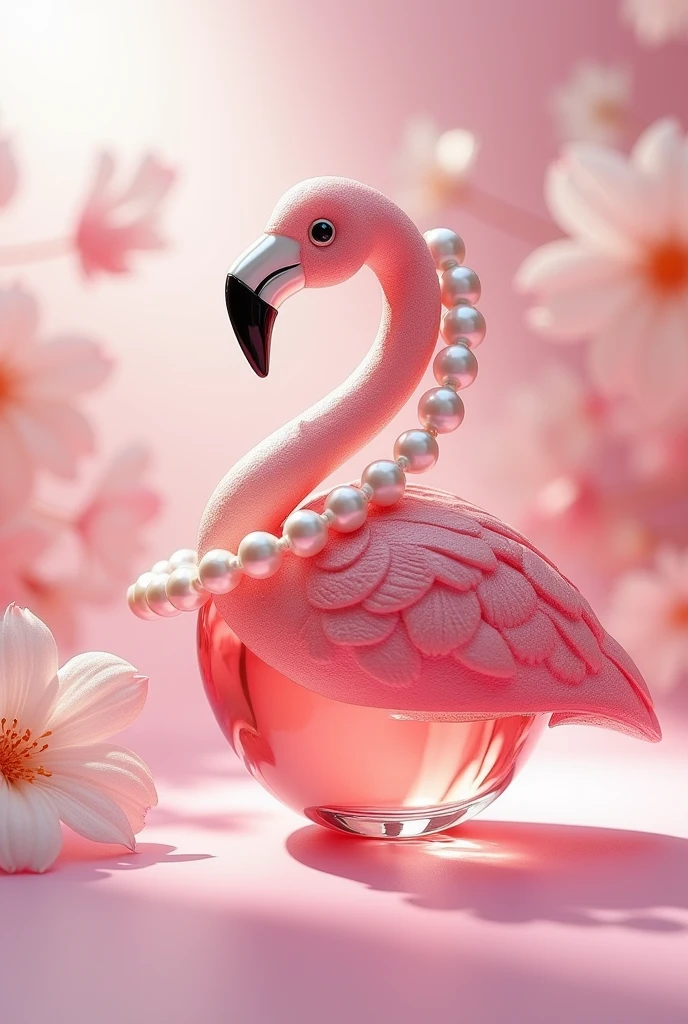 Flamingo perfume bottle with pearls around it