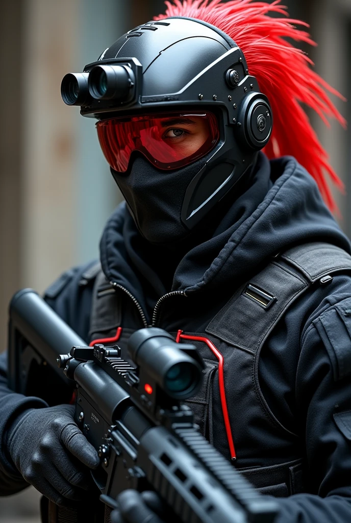 Modern soldier wearing black and red military helmet with some woodpecker feathers behind, making it the highlight of the soldier, and his helmet has night vision with 4 visors, and a balaclava showing only the soldier's eyes, as he stands in a very tactical black outfit with modern red details holding an STG44 rifle