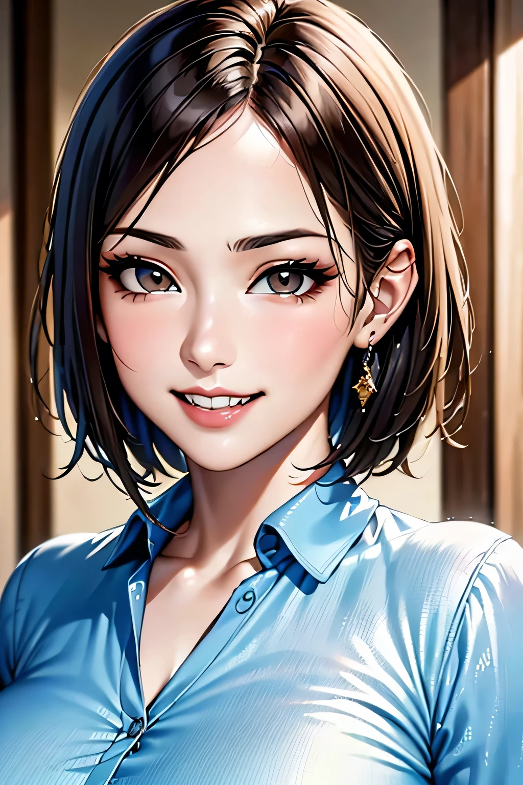 ((masterpiece)), ((Highest quality)), ((Complex)), ((Surreal)), (Realistic), (Mature Woman), ((No classes)), Very detailed, (1 female), Beautiful and exquisite, (Beautiful Teeth), Grin, Brunette bob hair, Brown eyes, ((blouse)), (Upper Body), (background:none), Perfect Eyes, Captivating eyes, Looking at the audience