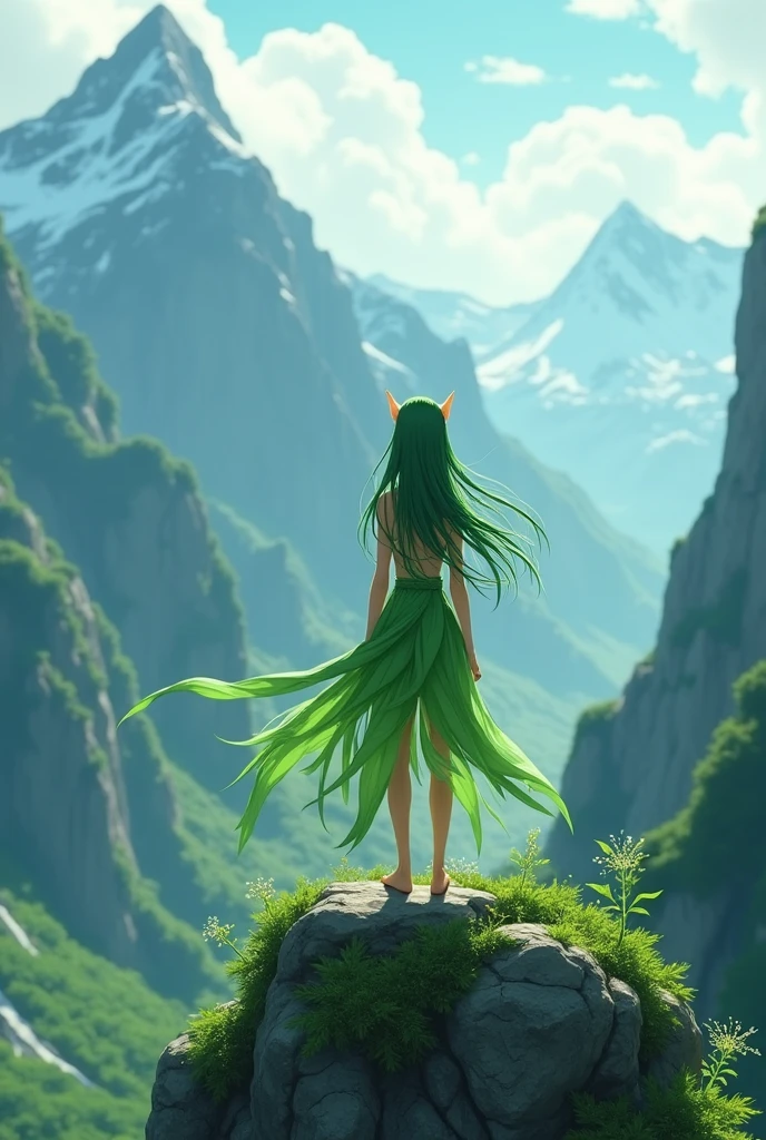 Create an anime image of an elf girl wearing a green dress made from leaves standing on top of a mountain with her back to the viewer and looking towards a cliff.