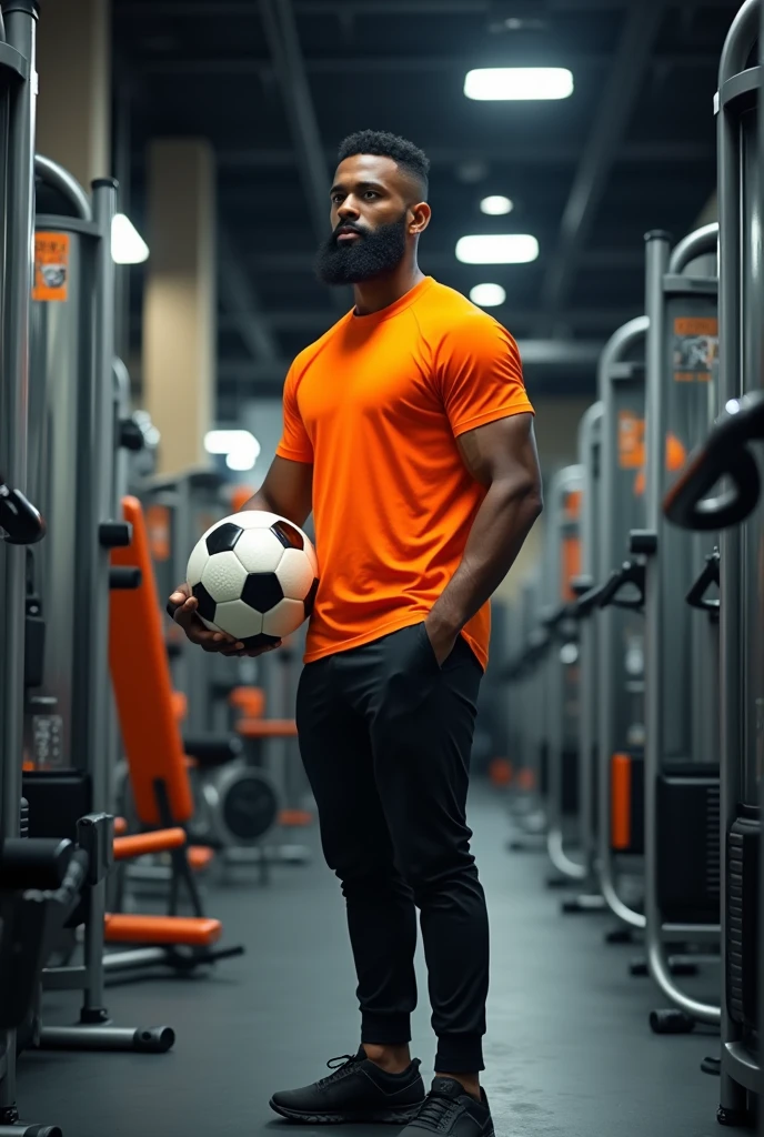 a man wearing black pants and orange shirt with a black short beard, standing in front of fitness equipment inside a shop, looking ahead, holding a soccer ball, photorealistic, dynamic lighting, highly detailed, 8k, best quality